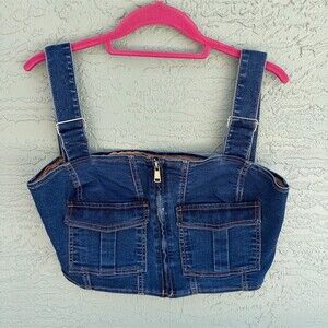 Love Trends Bustier Corset Cropped Top Womens Size L Blue Front Zip
